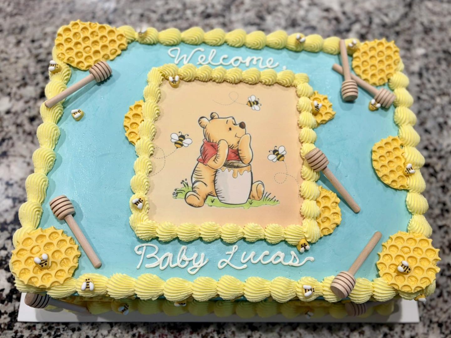 Winnie the Pooh baby shower sheet cake