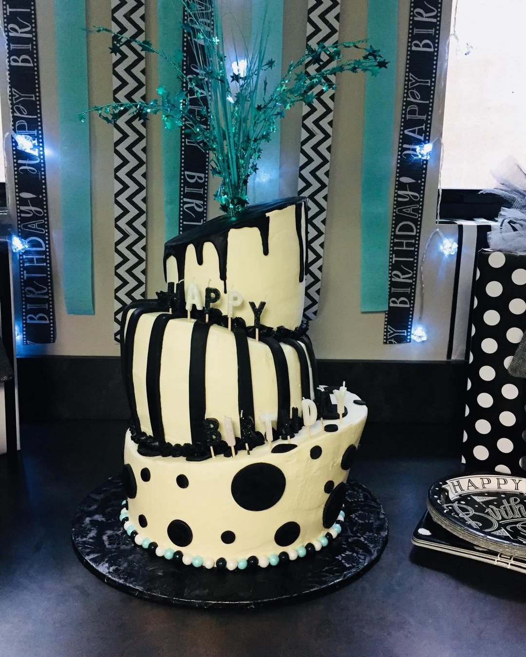 Black and white whimsical tiered cake